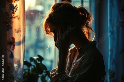 Woman feeling sad and stressed by window.
