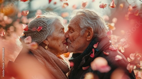 Affectionate elderly couple shares heartfelt kiss amidst a soft background of red rose petals, evoking everlasting love. Ideal for greeting cards and sentimental themes. Valentines day.