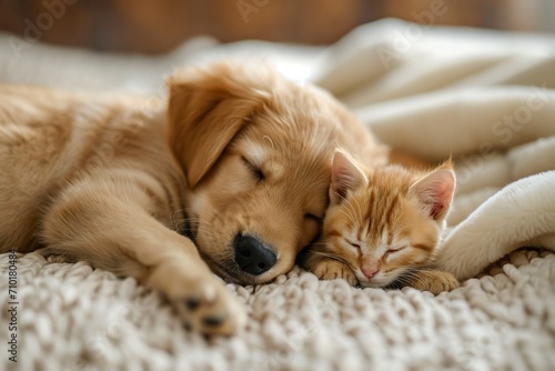 A dog puppy and a kitten sleep together as companions