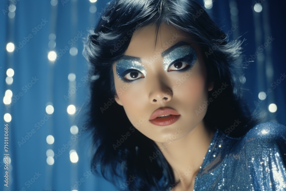 Naklejka premium Asian woman with bright makeup in masquerade mask and blue sequin dress. Ideal for fashion, event promotions, or luxury content. Concept for masquerade, holiday and corporate party. Retro style 80s