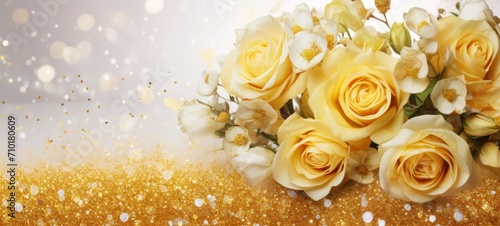 Fototapeta Naklejka Na Ścianę i Meble -  Yellow roses bouquet on a light background with glitter and bokeh. Banner with copy space. Ideal for poster, greeting card, event invitation, promotion, advertising, print, elegant design