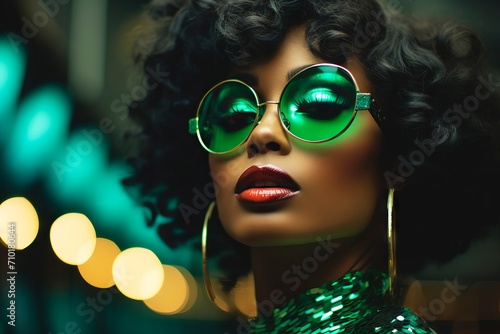 Young African American woman with bright makeup and sunglasses in a green attire. Close up. Concept for masquerade, holiday and corporate party. Ideal for fashion, event promotions, or luxury content © Jafree