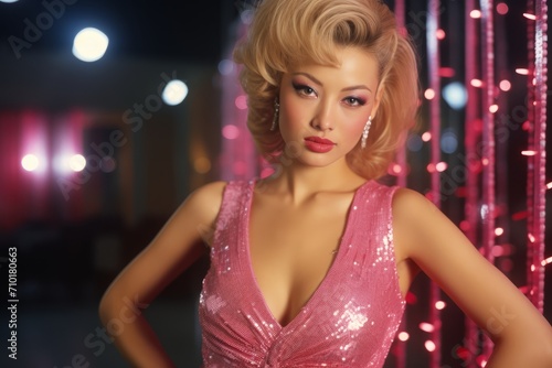 Asian woman with blonde curls and sparkling dress. Concept for masquerade  holiday and corporate party. Ideal for themed events and costume promotions.