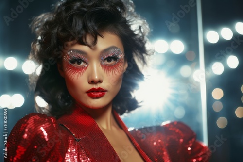 Asian woman with retro makeup and sequined jacket against lights. Concept for masquerade, holiday and corporate party. Ideal for beauty campaigns and retro fashion spreads.