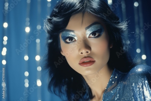 Asian woman with bright makeup in masquerade mask and blue sequin dress. Ideal for fashion, event promotions, or luxury content. Concept for masquerade, holiday and corporate party. Retro style 80s © Jafree
