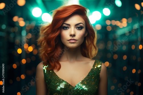 Lady with fiery hair, sparkling green outfit, bokeh lights background. Concept for masquerade, holiday and corporate party. Fits entertainment and glamour advertising.