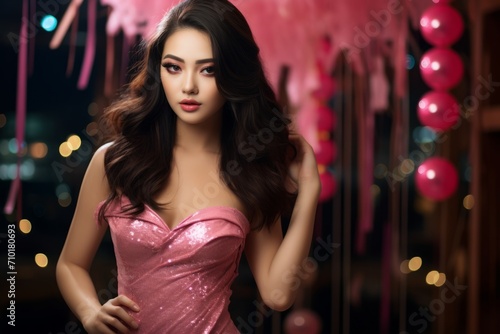 A young Asian woman in a sparkling pink dress, with loose waves and subtle makeup, set against a bokeh light background. Concept for masquerade, holiday and corporate party.