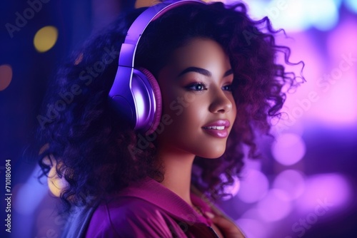 Fashionable African American teen model dances to music in neon lights