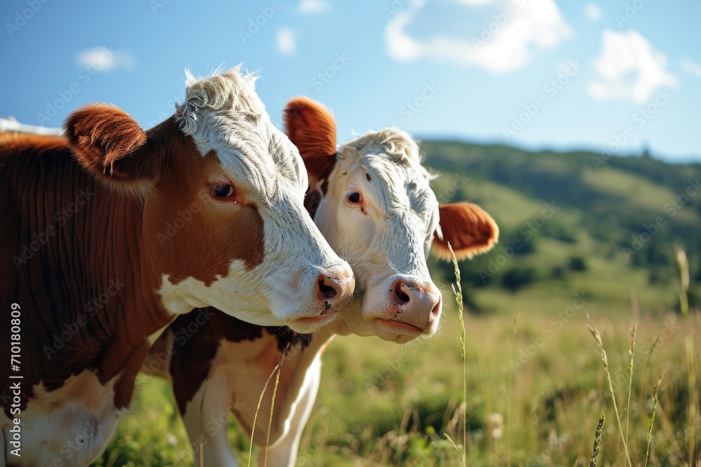 Cows playing and cuddling in a field under blue sky