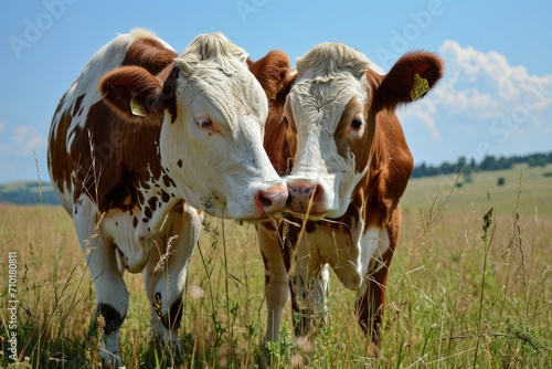 Cows playing and cuddling in a field under blue sky