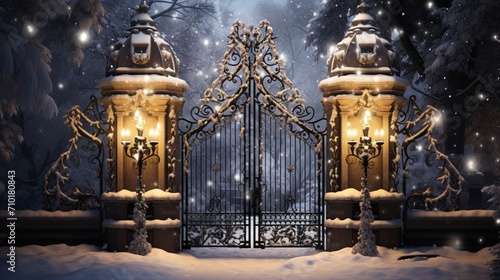 A snow-covered iron gate wrapped in twinkling fairy lights, welcoming the holiday season