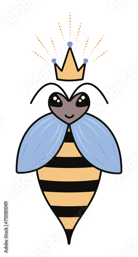 Cute bee queen with a crown, honeybee mother vector illustration in dark brown, yellow and blue colors photo