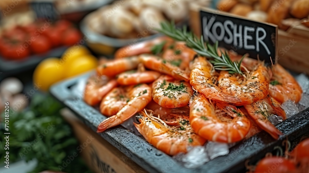 Seasoned shrimp served on ice with a Seasoned shrimp served on ice with a