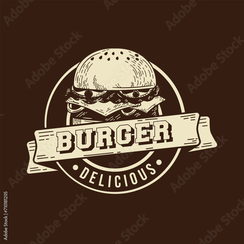 Burger vintage logo hand drawn dual tone color classic retro isolated solid color