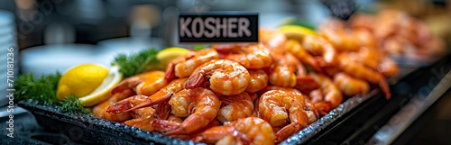 Shrimp served with a "KOSHER" sign, surrounded by lemon wedges and herbs, gastronomic style. Concept: healthy seafood on display in a cafe or supermarket