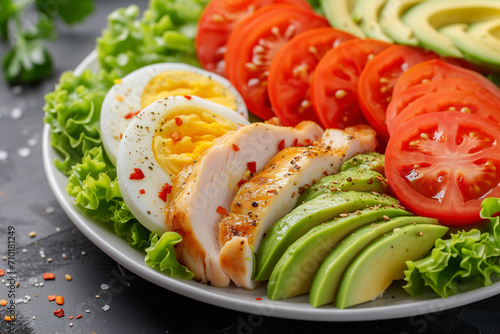 Wallpaper Mural A healthy breakfast. Keto diet. The concept of proper nutrition. Avocado, chicken fillet, eggs, tomatoes, lettuce leaves. Torontodigital.ca