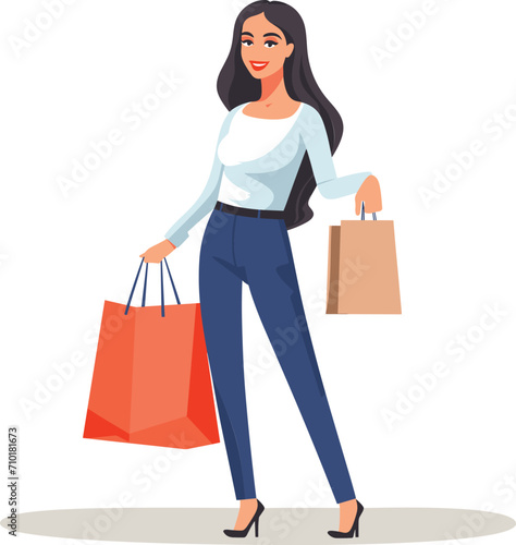 Young adult woman holding shopping bags and smiling. Fashionable shopper enjoying retail therapy. Retail shopping spree and fashion concept vector illustration.