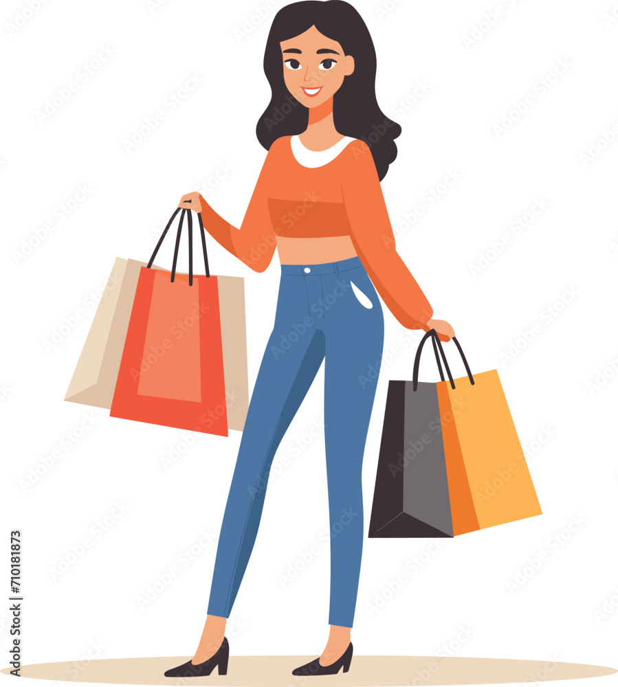 Happy young woman shopping with multiple bags, smiling female shopper in casual clothes, fashion and retail vector illustration. Consumerism, fashionista with purchases, shopping spree vector