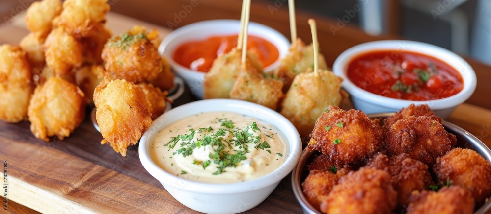 Assorted fried appetizers and dipping sauces.