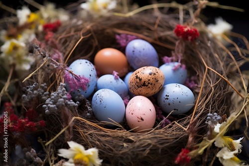 Osternest: Farbenfrohe Eier und natürliche Textur