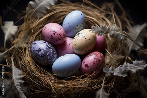 Osternest: Farbenfrohe Eier und natürliche Textur
