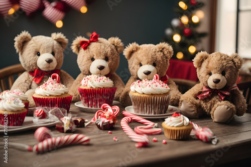 A cute birthday concept with a plush teddy bear and cupcakes 