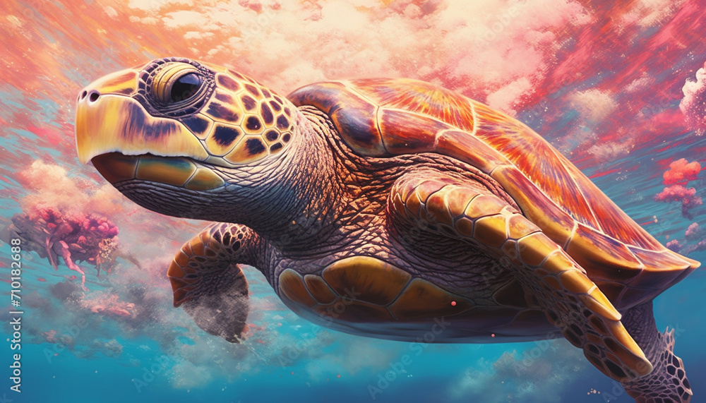 Obraz premium Majestic sea turtle swimming in blue underwater paradise generated by AI