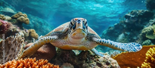 Green sea turtle on coral reef in closeup. © AkuAku