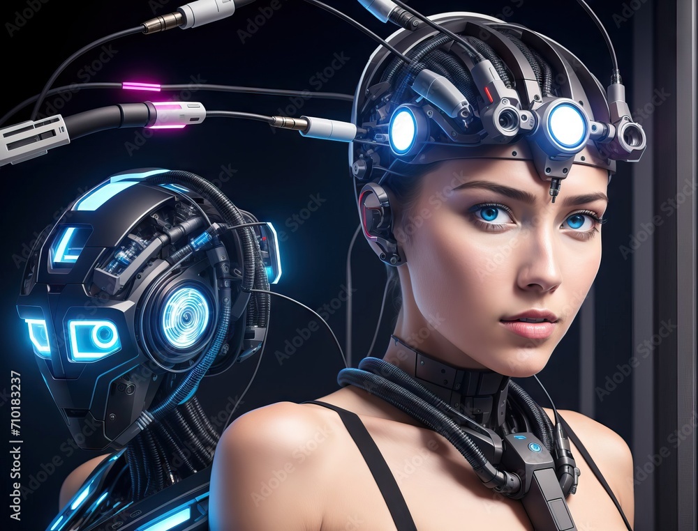 The image features an elegant female android with a mechanical body resembling graceful steel armor, yet with a feminine face expressing natural emotion. Generative AI. The image features an elegant female android with a mechanical body resembling graceful steel armor, yet with a feminine face expressing natural emotion. Generative AI.