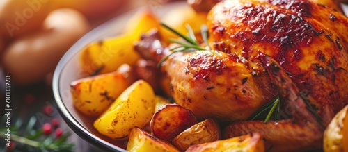 Roasted chicken and potatoes in a closeup shot. photo