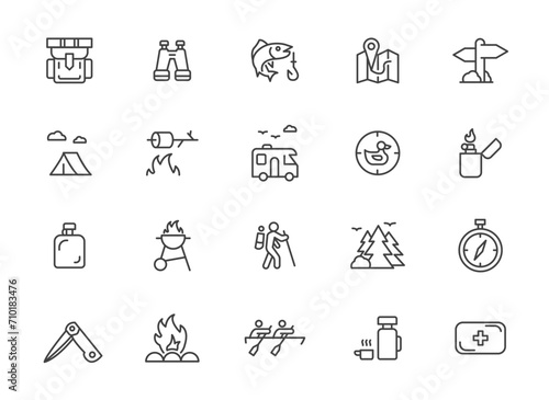 Camp vector line icon. Camping trekking outline symbol set. Glamping pictogram campfire outdoor travel illustration.