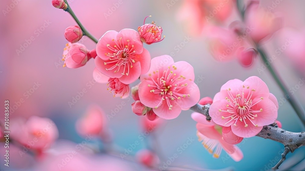 Pink flowers of peach on tree branches in close-up