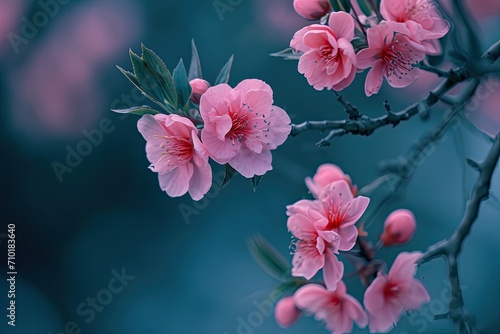 Pink flowers of peach on tree branches in close-up