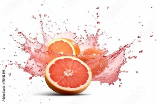 Fresh grapefruit, cut, juice, smoothie splash wave isolated on white. Tasty detox diet juice splashing, healthy citrus drink tropical fruit element. Generative AI