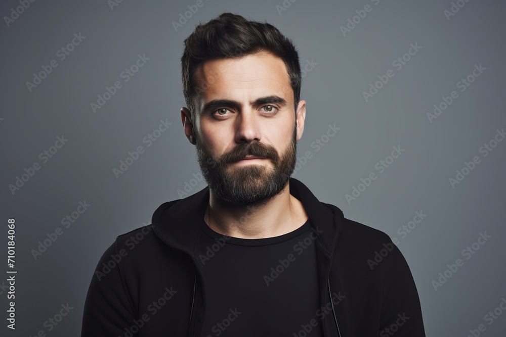 Portrait of handsome bearded man in black sweatshirt. Studio shot. Portrait of handsome bearded man in black sweatshirt. Studio shot.