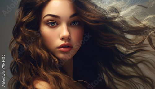 Beautiful woman with long, curly brown hair looking sensually generated by AI