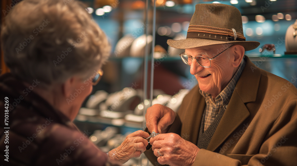 An elderly man in a hat and coat selects and tries on a precious bracelet for the woman he loves in a jewelry boutique.