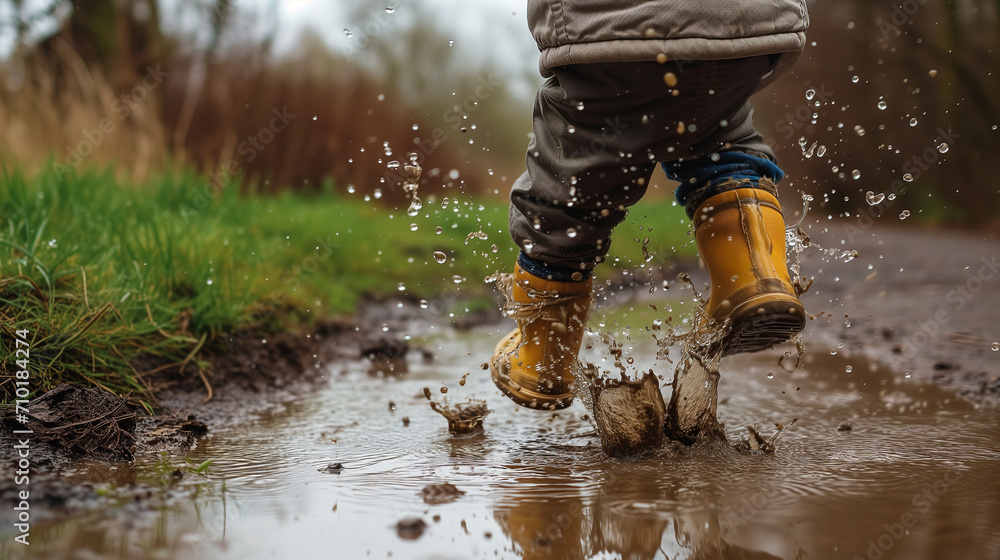 a child bouncing merrily in the mud, spray flying around, a fall landscape a child bouncing merrily in the mud, spray flying around, a fall landscape