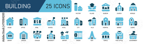 building icon collection.duo tone style.contains hotel,school,bank,home,house,library,garage,university,airport,prison.isolated vector.great for websites and applications