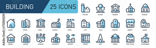 building icon collection.filled line style.contains museum,church,mosque,casino,shop,market,hospital,office,library,garage,university,airport,prison,tent,temple.good for websites and applications.