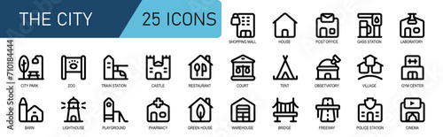 building icon collection.Thick outline style.contains shopping mall,house,post office,gas station,laboratory,gym center,village,observatory,tent,court.vector illustration.great for websites icons.