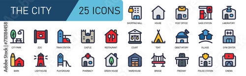vector set city.fill color style.contains drug store,greenhouse,warehouse,bridge,freeway,police station,cinema,shopping mall,house,post office,gas station,laboratory,gym center.great for website icon