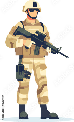Soldier in camouflage uniform with helmet holding a rifle. Military service member, ready for duty vector illustration.