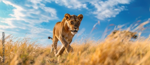 Blurry image of lioness walking in grassland with dramatic blue sky.