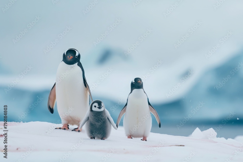 Obraz premium family of penguins waddling across a snowy landscape in Antarctica