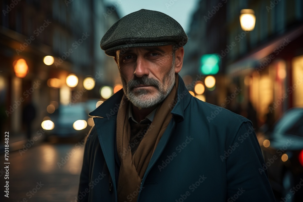 Senior man with grey beard and cap walking in the city at night Senior man with grey beard and cap walking in the city at night