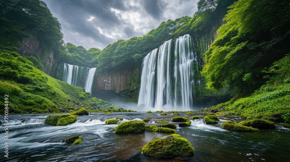 (Nature scene) Majestic waterfall surrounded by lush greenery