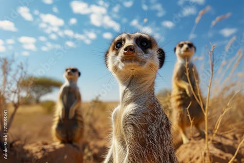 group of meerkats standing guard in the arid landscapes of the Kalahari Desert
