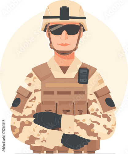 Military man in camo with helmet and sunglasses, standing confidently, arms crossed. Soldier in uniform ready for duty vector illustration.