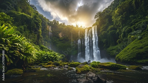  Nature scene  Majestic waterfall surrounded by lush greenery